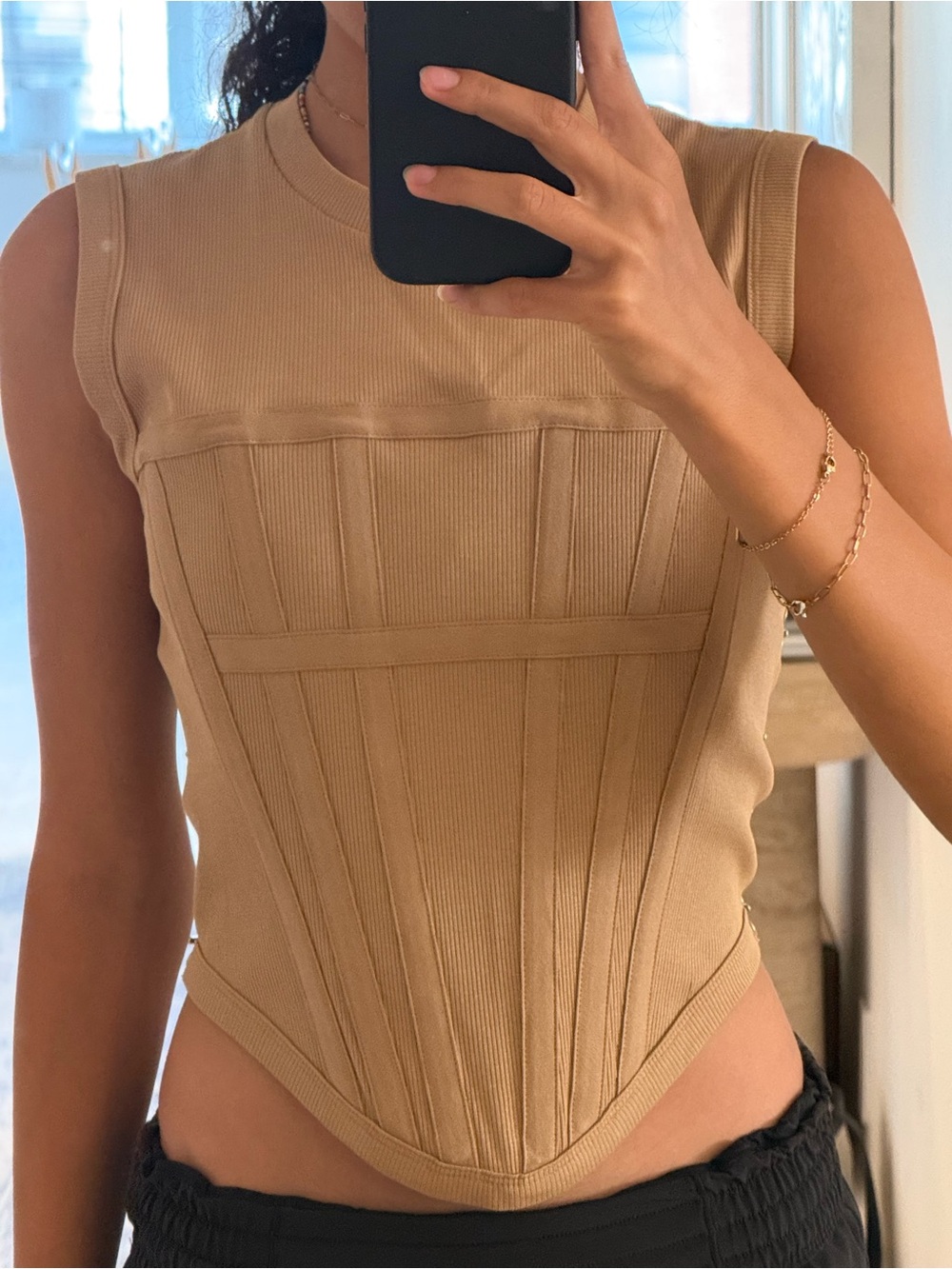 Dion Lee Sleeveless Ribbed Corset-Style Tank in Camel